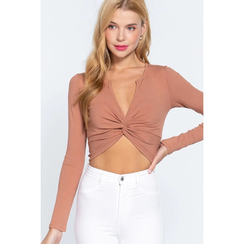 Active USA Ribbed Twist Front Crop Top Brown Long Sleeve Size M